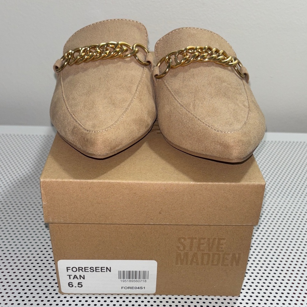 #6. 🆕 NWOT Steve Madden Forseen Tan Suede Mules with Gold Chain - Picture 7 of 9